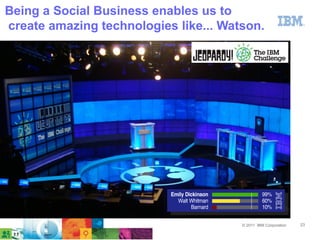 Being a Social Business enables us to
create amazing technologies like... Watson.




                                       © 2011 IBM Corporation   23
 