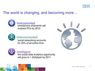 The world is changing, and becoming more…

       Instrumented
        smartphone shipments will
        outpace PCs by 2012


       Interconnected
        social networking accounts
        for 22% of all online time


       Intelligent
        the social data analytics opportunity
        will grow to 1 Zettabyte by 2011


                                                © 2011 IBM Corporation   3
 