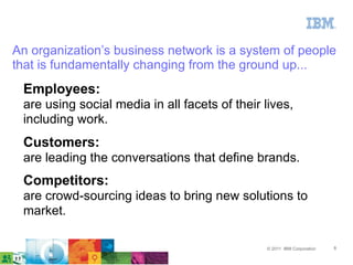 An organization’s business network is a system of people
that is fundamentally changing from the ground up...
 Employees:
 are using social media in all facets of their lives,
 including work.
 Customers:
 are leading the conversations that define brands.
 Competitors:
 are crowd-sourcing ideas to bring new solutions to
 market.

                                               © 2011 IBM Corporation   8
 