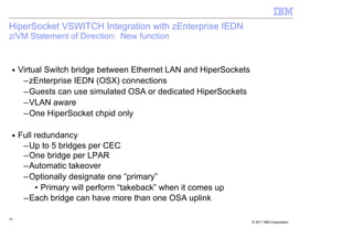HiperSocket VSWITCH Integration with zEnterprise IEDN
z/VM Statement of Direction: New function


 ■   Virtual Switch bridge between Ethernet LAN and HiperSockets
      –zEnterprise IEDN (OSX) connections
      –Guests can use simulated OSA or dedicated HiperSockets
      –VLAN aware
      –One HiperSocket chpid only

 ■   Full redundancy
      –Up to 5 bridges per CEC
      –One bridge per LPAR
      –Automatic takeover
      –Optionally designate one “primary”
          • Primary will perform “takeback” when it comes up
      –Each bridge can have more than one OSA uplink

50
                                                                   © 2011 IBM Corporation
 