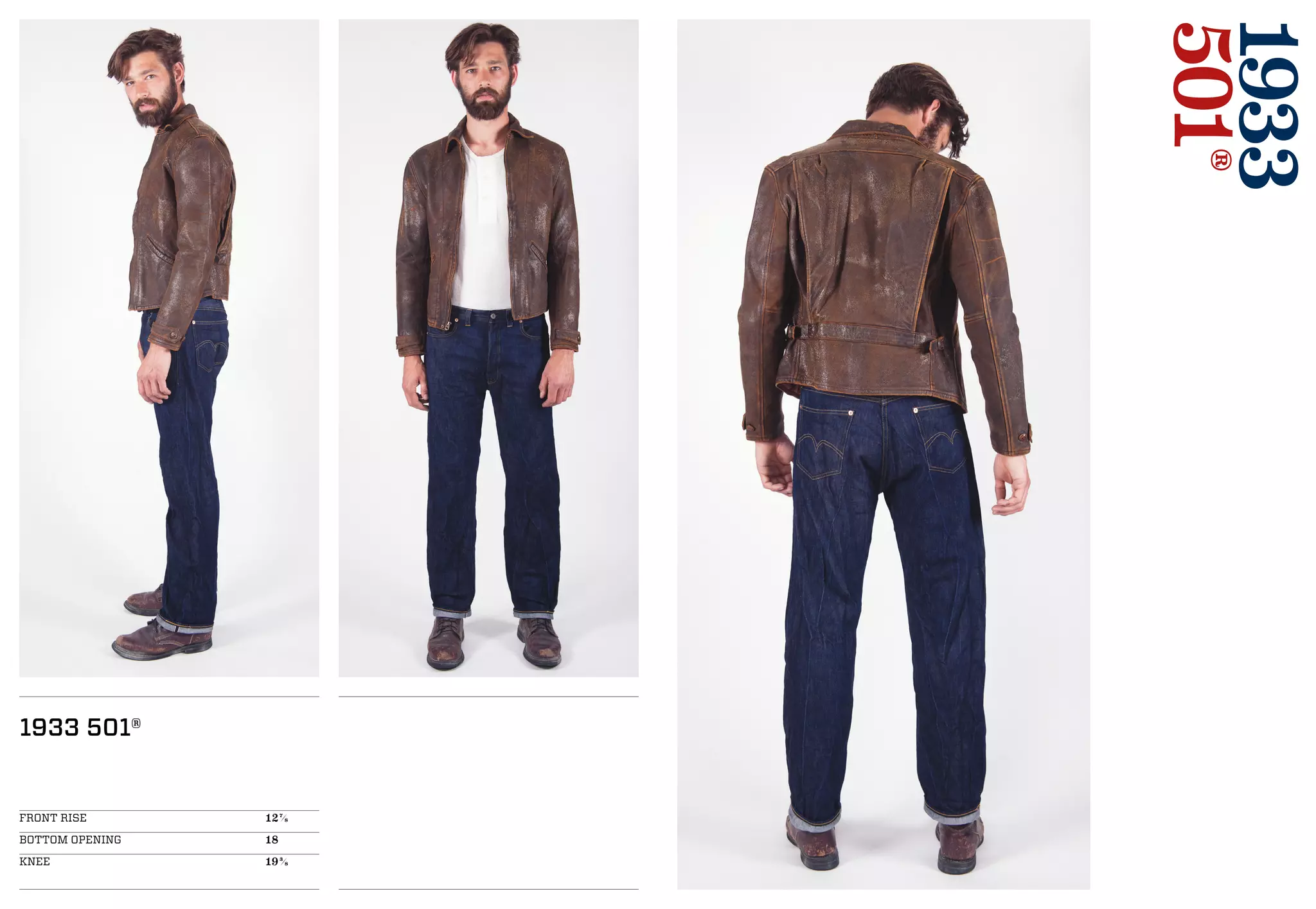 1933
501®
1933 501®
FRONT RISE 				127/8
BOTTOM OPENING 			18
KNEE 					193/8
 