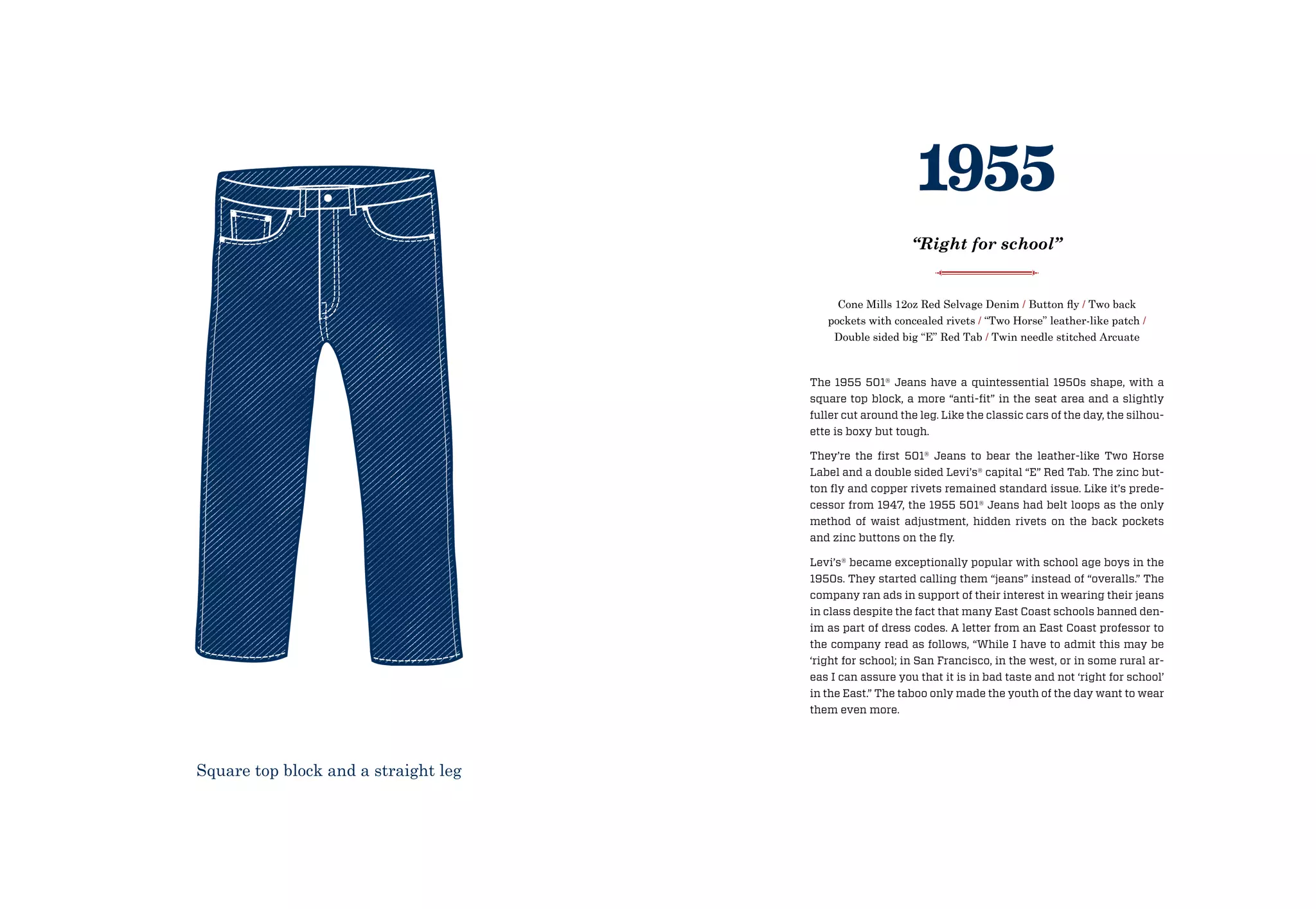 The 1955 501® Jeans have a quintessential 1950s shape, with a
square top block, a more “anti-fit” in the seat area and a slightly
fuller cut around the leg. Like the classic cars of the day, the silhou-
ette is boxy but tough.
They’re the first 501® Jeans to bear the leather-like Two Horse
Label and a double sided Levi’s® capital “E” Red Tab. The zinc but-
ton fly and copper rivets remained standard issue. Like it’s prede-
cessor from 1947, the 1955 501® Jeans had belt loops as the only
method of waist adjustment, hidden rivets on the back pockets
and zinc buttons on the fly.
Levi’s® became exceptionally popular with school age boys in the
1950s. They started calling them “jeans” instead of “overalls.” The
company ran ads in support of their interest in wearing their jeans
in class despite the fact that many East Coast schools banned den-
im as part of dress codes. A letter from an East Coast professor to
the company read as follows, “While I have to admit this may be
‘right for school; in San Francisco, in the west, or in some rural ar-
eas I can assure you that it is in bad taste and not ‘right for school’
in the East.” The taboo only made the youth of the day want to wear
them even more.
Cone Mills 12oz Red Selvage Denim / Button fly / Two back
pockets with concealed rivets / “Two Horse” leather-like patch /
Double sided big “E” Red Tab / Twin needle stitched Arcuate
1955
“Right for school”
Square top block and a straight leg
 