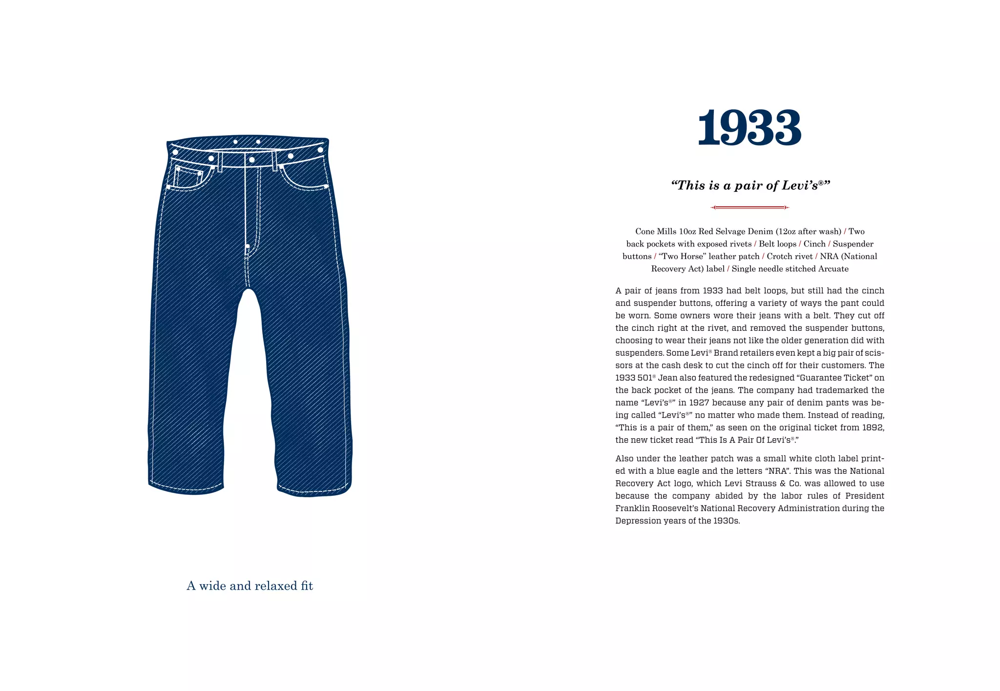 A pair of jeans from 1933 had belt loops, but still had the cinch
and suspender buttons, offering a variety of ways the pant could
be worn. Some owners wore their jeans with a belt. They cut off
the cinch right at the rivet, and removed the suspender buttons,
choosing to wear their jeans not like the older generation did with
suspenders. Some Levi® Brand retailers even kept a big pair of scis-
sors at the cash desk to cut the cinch off for their customers. The
1933 501® Jean also featured the redesigned “Guarantee Ticket” on
the back pocket of the jeans. The company had trademarked the
name “Levi’s®” in 1927 because any pair of denim pants was be-
ing called “Levi’s®” no matter who made them. Instead of reading,
“This is a pair of them,” as seen on the original ticket from 1892,
the new ticket read “This Is A Pair Of Levi’s®.”
Also under the leather patch was a small white cloth label print-
ed with a blue eagle and the letters “NRA”. This was the National
Recovery Act logo, which Levi Strauss  Co. was allowed to use
because the company abided by the labor rules of President
Franklin Roosevelt’s National Recovery Administration during the
Depression years of the 1930s.
Cone Mills 10oz Red Selvage Denim (12oz after wash) / Two
back pockets with exposed rivets / Belt loops / Cinch / Suspender
buttons / “Two Horse” leather patch / Crotch rivet / NRA (National
Recovery Act) label / Single needle stitched Arcuate
1933
“This is a pair of Levi’s®
”
A wide and relaxed fit
 