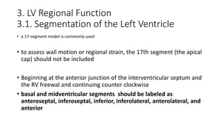 3. LV Regional Function
3.1. Segmentation of the Left Ventricle
• a 17-segment model is commonly used
• to assess wall motion or regional strain, the 17th segment (the apical
cap) should not be included
• Beginning at the anterior junction of the interventricular septum and
the RV freewal and continuing counter clockwise
• basal and midventricular segments should be labeled as
anteroseptal, inferoseptal, inferior, inferolateral, anterolateral, and
anterior
 