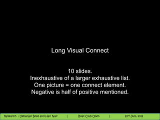 Long Visual Connect


                                 10 slides.
                  Inexhaustive of a larger exhaustive list.
                    One picture = one connect element.
                   Negative is half of positive mentioned.


                                                                         th        th
 Research : `Debanjan Bose |
   11/21/2012
Research : Debanjan Bose and Hari Nair
                                          Nighthawk
                                         Nighthawk Boat Club Open
                                            |
                                                   Session      |   9th and and 10 2012
                                                                    |
                                                                        9 10th nd
                                                                        1       June, June,
                                                                              22 July, 2012
                                                                                            1   2012
 