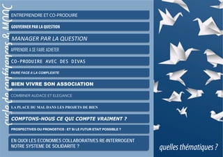 cycledeconférences&MOOC
quellesthématiques?
ENTREPRENDRE ET CO-PRODUIRE
GOUVERNER PAR LA QUESTION
MANAGER	
  PAR	
  LA	
  QUESTION	
  
APPRENDRE A SE FAIRE ACHETER
CO-PRODUIRE AVEC DES DIVAS
FAIRE FACE A LA COMPLEXITE
BIEN VIVRE SON ASSOCIATION
COMBINER AUDACE ET ELEGANCE
LA PLACE DU MAL DANS LES PROJETS DE BIEN
COMPTONS-NOUS CE QUI COMPTE VRAIMENT ?
EN QUOI LES ECONOMIES COLLABORATIVES RE-INTERROGENT
NOTRE SYSTEME DE SOLIDARITE ?
PROSPECTIVES OU PRONOSTICS : ET SI LE FUTUR ETAIT POSSIBLE ?
 