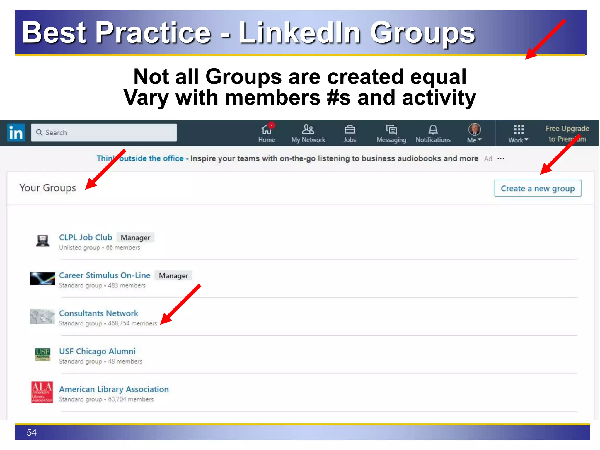 54
Best Practice - LinkedIn Groups
Not all Groups are created equal
Vary with members #s and activity
 