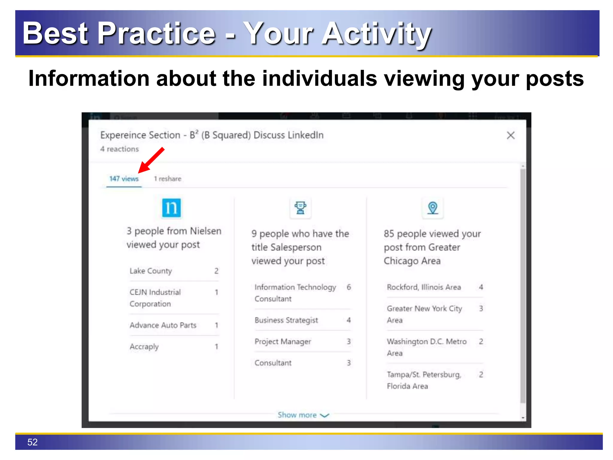 52
Best Practice - Your Activity
Information about the individuals viewing your posts
 
