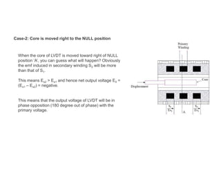 Case-2: Core is moved right to the NULL position
When the core of LVDT is moved toward right of NULL
position ‘A’, you can guess what will happen? Obviously
the emf induced in secondary winding S2 will be more
than that of S1.
This means Es2 > Es1 and hence net output voltage E0 =
(Es1 – Es2) = negative.
This means that the output voltage of LVDT will be in
phase opposition (180 degree out of phase) with the
primary voltage.
 