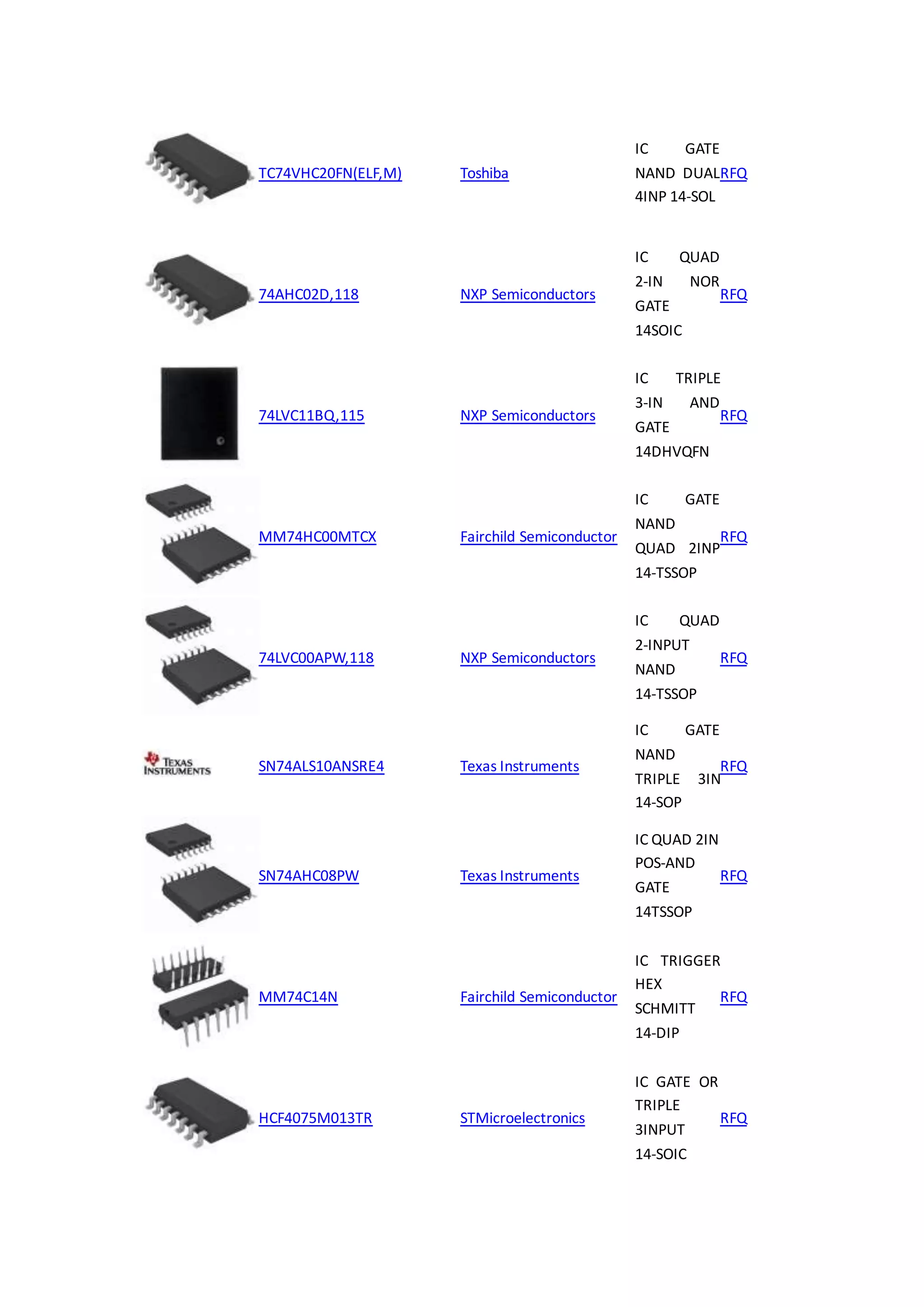 TC74VHC20FN(ELF,M) Toshiba
IC GATE
NAND DUAL
4INP 14-SOL
RFQ
74AHC02D,118 NXP Semiconductors
IC QUAD
2-IN NOR
GATE
14SOIC
RFQ
74LVC11BQ,115 NXP Semiconductors
IC TRIPLE
3-IN AND
GATE
14DHVQFN
RFQ
MM74HC00MTCX Fairchild Semiconductor
IC GATE
NAND
QUAD 2INP
14-TSSOP
RFQ
74LVC00APW,118 NXP Semiconductors
IC QUAD
2-INPUT
NAND
14-TSSOP
RFQ
SN74ALS10ANSRE4 Texas Instruments
IC GATE
NAND
TRIPLE 3IN
14-SOP
RFQ
SN74AHC08PW Texas Instruments
IC QUAD 2IN
POS-AND
GATE
14TSSOP
RFQ
MM74C14N Fairchild Semiconductor
IC TRIGGER
HEX
SCHMITT
14-DIP
RFQ
HCF4075M013TR STMicroelectronics
IC GATE OR
TRIPLE
3INPUT
14-SOIC
RFQ
 