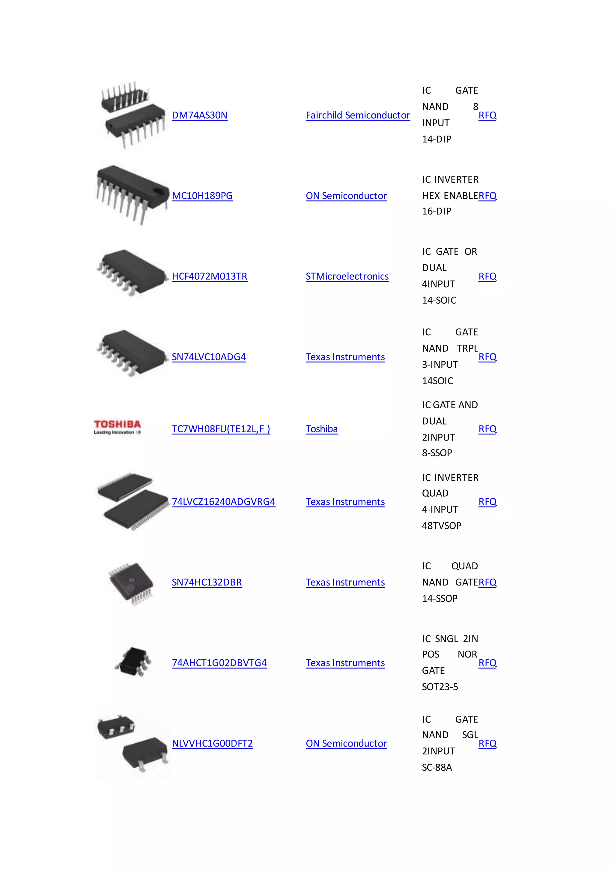 DM74AS30N Fairchild Semiconductor
IC GATE
NAND 8
INPUT
14-DIP
RFQ
MC10H189PG ON Semiconductor
IC INVERTER
HEX ENABLE
16-DIP
RFQ
HCF4072M013TR STMicroelectronics
IC GATE OR
DUAL
4INPUT
14-SOIC
RFQ
SN74LVC10ADG4 Texas Instruments
IC GATE
NAND TRPL
3-INPUT
14SOIC
RFQ
TC7WH08FU(TE12L,F ) Toshiba
IC GATE AND
DUAL
2INPUT
8-SSOP
RFQ
74LVCZ16240ADGVRG4 Texas Instruments
IC INVERTER
QUAD
4-INPUT
48TVSOP
RFQ
SN74HC132DBR Texas Instruments
IC QUAD
NAND GATE
14-SSOP
RFQ
74AHCT1G02DBVTG4 Texas Instruments
IC SNGL 2IN
POS NOR
GATE
SOT23-5
RFQ
NLVVHC1G00DFT2 ON Semiconductor
IC GATE
NAND SGL
2INPUT
SC-88A
RFQ
 
