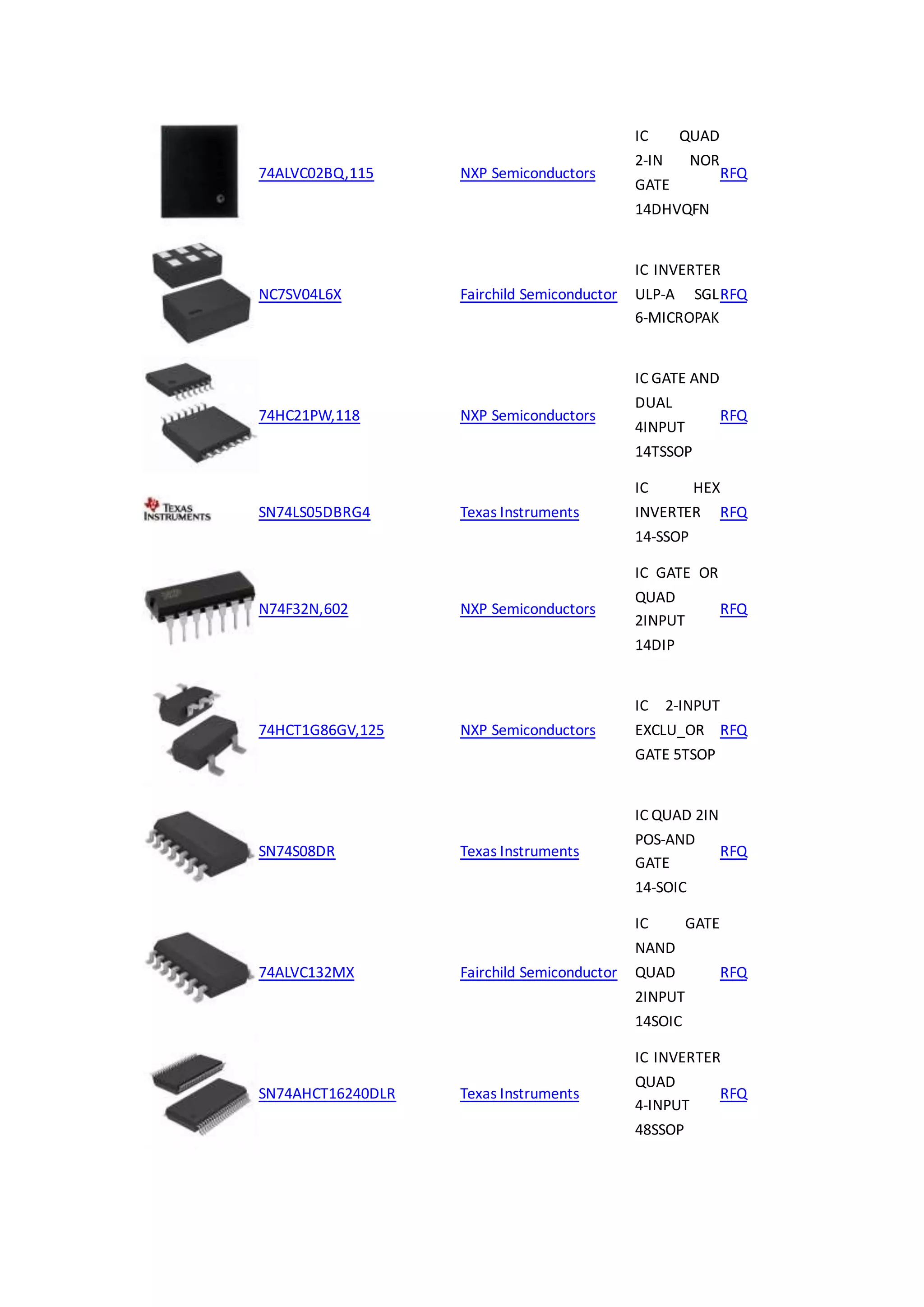 74ALVC02BQ,115 NXP Semiconductors
IC QUAD
2-IN NOR
GATE
14DHVQFN
RFQ
NC7SV04L6X Fairchild Semiconductor
IC INVERTER
ULP-A SGL
6-MICROPAK
RFQ
74HC21PW,118 NXP Semiconductors
IC GATE AND
DUAL
4INPUT
14TSSOP
RFQ
SN74LS05DBRG4 Texas Instruments
IC HEX
INVERTER
14-SSOP
RFQ
N74F32N,602 NXP Semiconductors
IC GATE OR
QUAD
2INPUT
14DIP
RFQ
74HCT1G86GV,125 NXP Semiconductors
IC 2-INPUT
EXCLU_OR
GATE 5TSOP
RFQ
SN74S08DR Texas Instruments
IC QUAD 2IN
POS-AND
GATE
14-SOIC
RFQ
74ALVC132MX Fairchild Semiconductor
IC GATE
NAND
QUAD
2INPUT
14SOIC
RFQ
SN74AHCT16240DLR Texas Instruments
IC INVERTER
QUAD
4-INPUT
48SSOP
RFQ
 