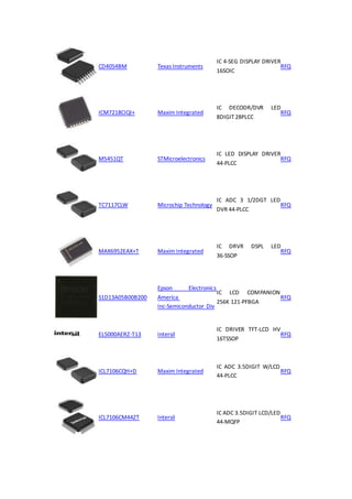 CD4054BM Texas Instruments
IC 4-SEG DISPLAY DRIVER
16SOIC
RFQ
ICM7218CIQI+ Maxim Integrated
IC DECODR/DVR LED
8DIGIT 28PLCC
RFQ
M5451QT STMicroelectronics
IC LED DISPLAY DRIVER
44-PLCC
RFQ
TC7117CLW Microchip Technology
IC ADC 3 1/2DGT LED
DVR 44-PLCC
RFQ
MAX6952EAX+T Maxim Integrated
IC DRVR DSPL LED
36-SSOP
RFQ
S1D13A05B00B200
Epson Electronics
America
Inc-Semiconductor Div
IC LCD COMPANION
256K 121-PFBGA
RFQ
EL5000AERZ-T13 Intersil
IC DRIVER TFT-LCD HV
16TSSOP
RFQ
ICL7106CQH+D Maxim Integrated
IC ADC 3.5DIGIT W/LCD
44-PLCC
RFQ
ICL7106CM44ZT Intersil
IC ADC 3.5DIGIT LCD/LED
44-MQFP
RFQ
 