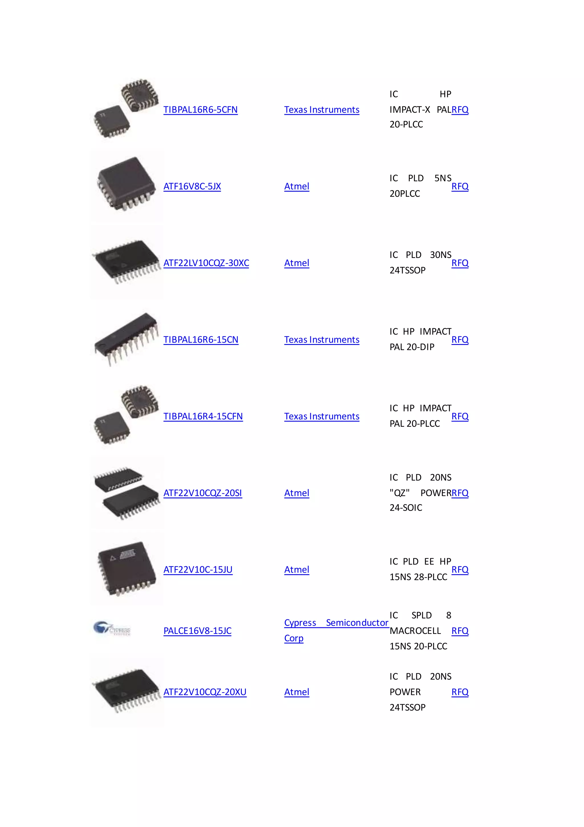TIBPAL16R6-5CFN Texas Instruments
IC HP
IMPACT-X PAL
20-PLCC
RFQ
ATF16V8C-5JX Atmel
IC PLD 5NS
20PLCC
RFQ
ATF22LV10CQZ-30XC Atmel
IC PLD 30NS
24TSSOP
RFQ
TIBPAL16R6-15CN Texas Instruments
IC HP IMPACT
PAL 20-DIP
RFQ
TIBPAL16R4-15CFN Texas Instruments
IC HP IMPACT
PAL 20-PLCC
RFQ
ATF22V10CQZ-20SI Atmel
IC PLD 20NS
"QZ" POWER
24-SOIC
RFQ
ATF22V10C-15JU Atmel
IC PLD EE HP
15NS 28-PLCC
RFQ
PALCE16V8-15JC
Cypress Semiconductor
Corp
IC SPLD 8
MACROCELL
15NS 20-PLCC
RFQ
ATF22V10CQZ-20XU Atmel
IC PLD 20NS
POWER
24TSSOP
RFQ
 