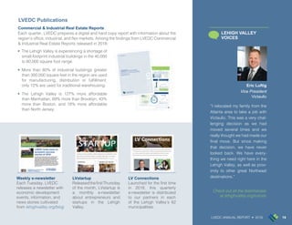 LVEDC ANNUAL REPORT • 2018 19
•	 The Lehigh Valley is experiencing a shortage of
small-footprint industrial buildings in the 40,000
to 80,000 square foot range.
•	 More than 80% of industrial buildings greater
than 300,000 square feet in the region are used
for manufacturing, distribution or fulfillment;
only 12% are used for traditional warehousing.
•	 The Lehigh Valley is 127% more affordable
than Manhattan, 69% more than Brooklyn, 43%
more than Boston, and 18% more affordable
than North Jersey.
LVEDC Publications
Weekly e-newsletter
Each Tuesday, LVEDC
releases a newsletter with
economic development
events, information, and
news stories cultivated
from lehighvalley.org/blog
LVstartup
ReleasedthefirstThursday
of the month, LVstartup is
a monthly e-newsletter
about entrepreneurs and
startups in the Lehigh
Valley.
LV Connections
Launched for the first time
in 2018, this quarterly
e-newsletter is distributed
to our partners in each
of the Lehigh Valley’s 62
municipalities.
Commercial & Industrial Real Estate Reports
Each quarter, LVEDC prepares a digital and hard copy report with information about the
region’s office, industrial, and flex markets. Among the findings from LVEDC Commercial
& Industrial Real Estate Reports released in 2018:
Eric Luftig
Vice President
Victaulic
“I relocated my family from the
Atlanta area to take a job with
Victaulic. This was a very chal-
lenging decision as we had
moved several times and we
really thought we had made our
final move. But since making
that decision, we have never
looked back. We have every-
thing we need right here in the
Lehigh Valley, as well as prox-
imity to other great Northeast
destinations.”
LEHIGH VALLEY
VOICES
Check out all the testimonials
at lehighvalley.org/voices
 