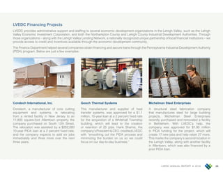 LVEDC ANNUAL REPORT • 2018 25
LVEDC Financing Projects
LVEDC provides administrative support and staffing to several economic development organizations in the Lehigh Valley, such as the Lehigh
Valley Economic Investment Corporation, and both the Northampton County and Lehigh County Industrial Development Authorities. Through
those organizations – along with the Lehigh Valley Lending Network, a nationally recognized unique partnership of local financial institutions – we
provide access to credit and incentives available through the economic development community.
The Finance Department helped several companies obtain financing and secure loans through the Pennsylvania Industrial Development Authority
(PIDA) program. Below are just a few examples:
Coretech International, Inc.
Coretech, a manufacturer of core cutting
equipment and systems, is relocating
from a rented facility in New Jersey to an
11,800 square-foot Allentown property the
company purchased on South 12th Street.
The relocation was assisted by a $252,000
10-year PIDA loan at a 2 percent fixed rate,
and the company expects to add six jobs
immediately and three more over the next
three years.
Gooch Thermal Systems
This manufacturer and supplier of heat
transfer systems, was approved for a $1.1
million, 15-year loan at a 2 percent fixed rate
for the acquisition of a Whitehall Township
building, which will lead to the creation
or retention of 25 jobs. Hank Shamsi, the
company’s President & CEO, credited LVEDC
with “smoothing out the PIDA process and
minimizing the burden on us so we could
focus on our day-to-day business.”
Michelman Steel Enterprises
A structural steel fabrication company
that manufactures steel for large building
projects, Michelman Steel Enterprises
recently purchased and renovated a facility
in Bethlehem. With LVEDC’s help, the
company was approved for $1.95 million
in PIDA funding for the project, which will
create 17 new jobs and help retain 27 more.
This marks the company’s second location in
the Lehigh Valley, along with another facility
in Allentown, which was also financed by a
prior PIDA loan.
 