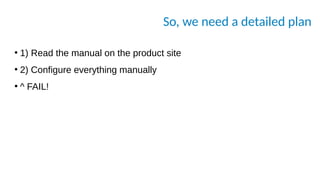 So, we need a detailed plan
●
1) Read the manual on the product site
●
2) Configure everything manually
●
^ FAIL!
 