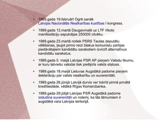 ● 1989.gada 19.februārī Ogrē sanāk
Latvijas Nacionālās Neatkarības kustības I kongress.
● 1989.gada 12.martā Daugavmalā uz...