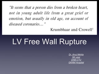 LV Free Wall Rupture
Dr. Anuj Mehta
5th year
DNB-CTU
GKNM Hospital
 