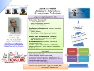 Le leadership la clé du succès
Conseil & Formation
Management, Culture Client,
Accompagnement Professionnel
Un parcours professionnel riche
Restauration Commerciale
• 5 années hôtellerie de luxe
• Reprise et Gérance d’un Restaurant
• Création d un service traiteur
Distribution et Management (E Leclerc Géant Brico
Dépôt, Action…)
• acheteur, auditeur
• Chef de Rayon , Chef de Département, Directeur
Relation client, Management et Formation
• Groupe Assonance service client ,centre appels
• VRP, attaché commercial
Accompagnement Recrutement et intégration de
nouveaux collaborateurs
Formation au poste de travail (technique, intellectuel)
Manager commerciaux : terrain , magasin , centre appels
Conduite de projet
Formation
Dut de GEA option PME 1983
Diplôme de Gestion Hôtelière Vanves 1984
formation professionnelle continue : accueil, commerce,
management, gestion, audit interne, HACCP, gestion modules
d’accueil, des caractères difficiles, …
Suivi des travaux de l’ AINF club sup
Lionel VICTOR
Tourcoing 59
Tél : 06,76,22,13,84
Skype : lionel.victor62
http://www.viadeo.com/
https://www.linkedin.com
sélections Équipe de France Rugby Junior 1980, 1981
L’école de l’Eprit d’équipe
 