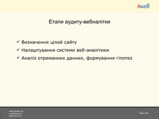 www.aweb.ua [email_address] (044)538-01-61 из  37 Етапи аудиту-вебналітки Визначення цілей сайту Налаштування системи веб-аналітики Аналіз отриманних данних, формування гіпотез 