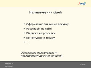 www.aweb.ua [email_address] (044)538-01-61 из  37 Налаштування цілей Оформление заявки на покупку Реєстрація на сайті Підписка на розсилку Коментування товару … Обов язково н алаштовувати послідовності досягнення цілей 