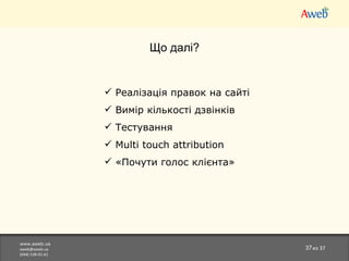 www.aweb.ua [email_address] (044)538-01-61 из  37 Що далі? Реалізація правок на сайті Вимір кількості дзвінків Тестування Multi touch attribution «Почути голос клієнта» 