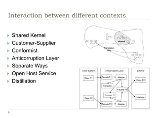  Shared Kernel
 Customer-Supplier
 Conformist
 Anticorruption Layer
 Separate Ways
 Open Host Service
 Distillation...