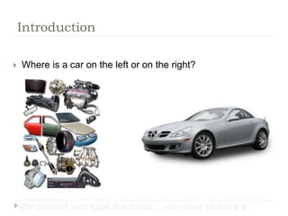  Where is a car on the left or on the right?
Introduction
We cannot just type the code… we need to have a
 