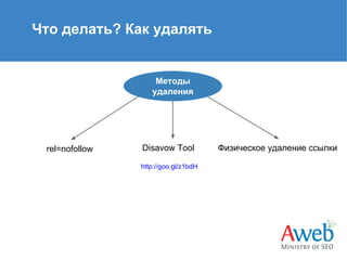 Что делать? Как удалять

Методы
удаления

rel=nofollow

Disavow Tool
http://goo.gl/z1bdH

Физическое удаление ссылки

 