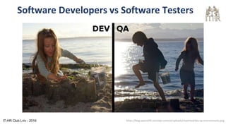 Software Developers vs Software Testers
https://blog.openshift.com/wp-content/uploads/imported/dev-qa-environments.pngIT-HR Club Lviv - 2016
 