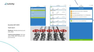 Duration 2017-2018
Team size 5
Platform: Mobile (Android and
IOS), WEB
Tools & technologies: ASP.Net
Zero, HTML, WFE, Xamarin iOS
and Android
 