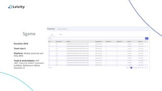 Sgame
Duration 2018
Team size 4
Platform: Mobile (Android and
IOS), WEB
Tools & technologies: ASP
.NET, Core 2.0, Smart Contracts
(solidity). Nethereum Web3,
Ganache cli
 