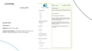 eHealth
Duration 2018
Team size 4
Platform: Mobile ( IOS), WEB
Tools & technologies: ASP.Net Zero, MS SQL Server, C#,
WEB.API, JavaScript, jQuery, HTML, CSS, Xamarin
 