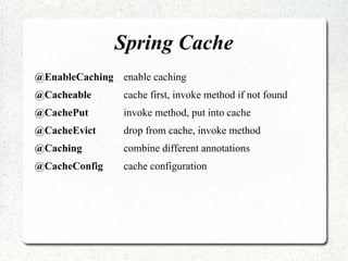 Spring Cache
@EnableCaching enable caching
@Cacheable cache first, invoke method if not found
@CachePut invoke method, put into cache
@CacheEvict drop from cache, invoke method
@Caching combine different annotations
@CacheConfig cache configuration
 
