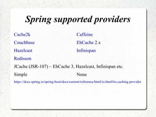 Spring supported providers
Cache2k Caffeine
Couchbase EhCache 2.x
Hazelcast Infinispan
Redisson
JCache (JSR-107) – EhCache 3, Hazelcast, Infinispan etc.
Simple None
https://docs.spring.io/spring-boot/docs/current/reference/html/io.html#io.caching.provider
 