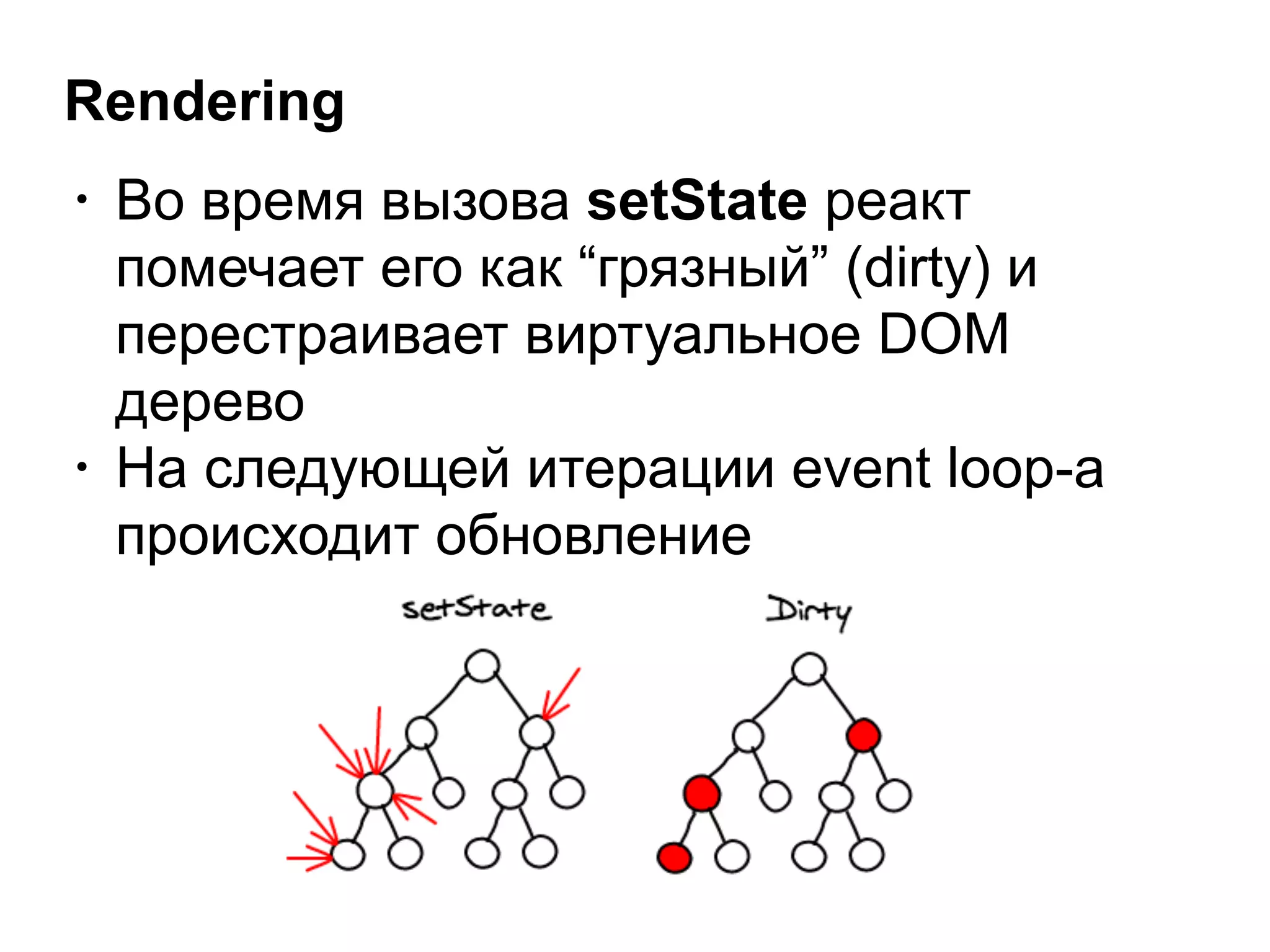 Rendering
• Во время вызова setState реакт
помечает его как “грязный” (dirty) и
перестраивает виртуальное DOM
дерево
• На следующей итерации event loop-a
происходит обновление
 