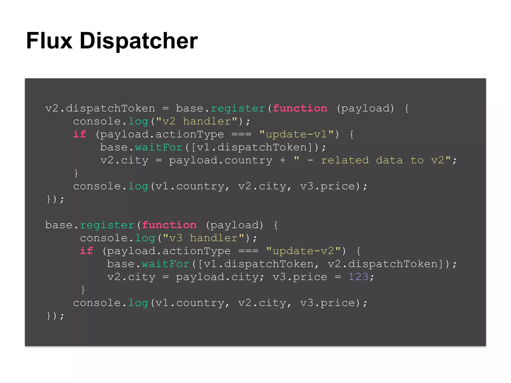 Flux Dispatcher
v2.dispatchToken = base.register(function (payload) {
console.log("v2 handler");
if (payload.actionType === "update-v1") {
base.waitFor([v1.dispatchToken]);
v2.city = payload.country + " - related data to v2";
}
console.log(v1.country, v2.city, v3.price);
});
!
base.register(function (payload) {
console.log("v3 handler");
if (payload.actionType === "update-v2") {
base.waitFor([v1.dispatchToken, v2.dispatchToken]);
v2.city = payload.city; v3.price = 123;
}
console.log(v1.country, v2.city, v3.price);
});
 