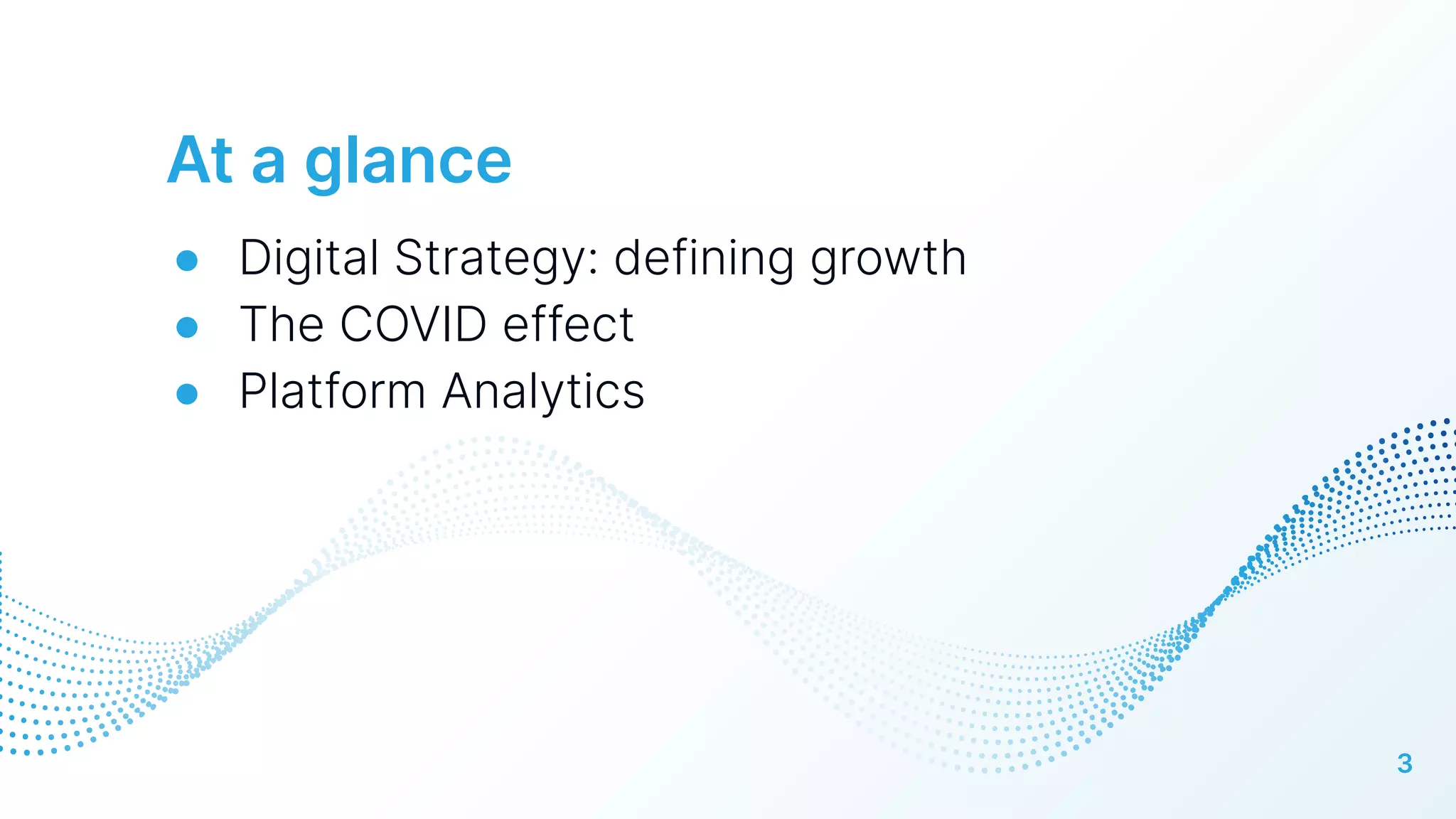 At a glance
● Digital Strategy: defining growth
● The COVID effect
● Platform Analytics
3
 