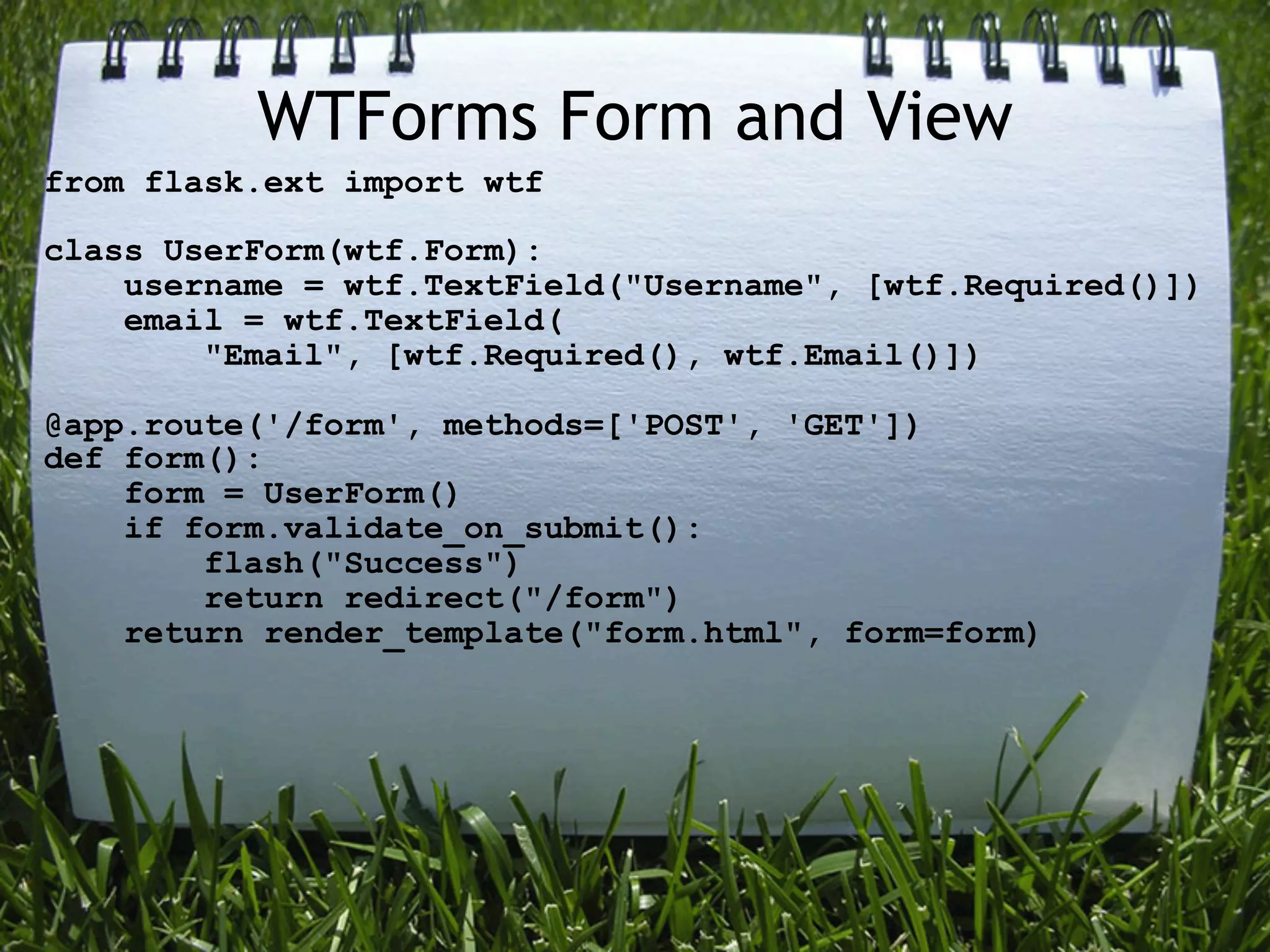 WTForms Form and View
from flask.ext import wtf

class UserForm(wtf.Form):
    username = wtf.TextField("Username", [wtf.Required()])
    email = wtf.TextField(
        "Email", [wtf.Required(), wtf.Email()])

@app.route('/form', methods=['POST', 'GET'])
def form():
    form = UserForm()
    if form.validate_on_submit():
        flash("Success")
        return redirect("/form")
    return render_template("form.html", form=form)
 