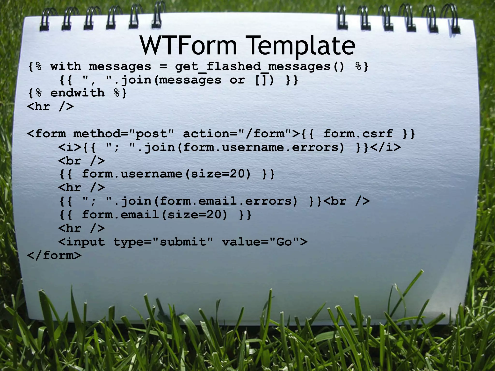 WTForm Template
{% with messages = get_flashed_messages() %}
    {{ ", ".join(messages or []) }}
{% endwith %}
<hr />

<form method="post" action="/form">{{ form.csrf }}
    <i>{{ "; ".join(form.username.errors) }}</i>
    <br />
    {{ form.username(size=20) }}
    <hr />
    {{ "; ".join(form.email.errors) }}<br />
    {{ form.email(size=20) }}
    <hr />
    <input type="submit" value="Go">
</form>
 