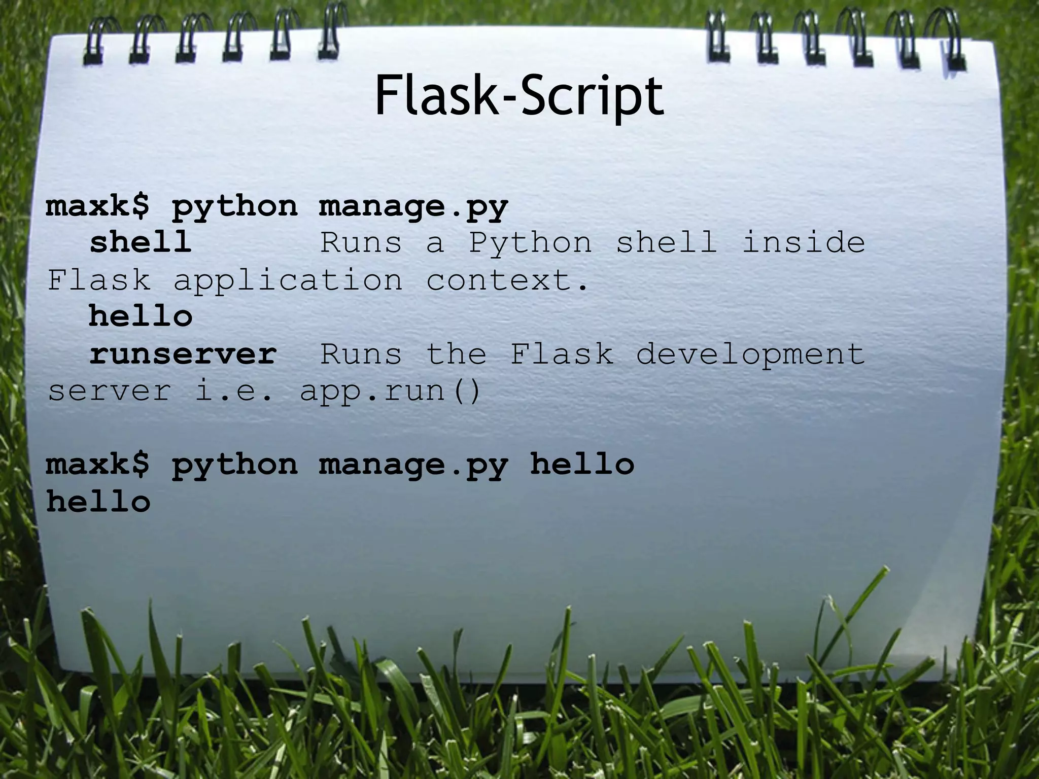 Flask-Script
maxk$ python manage.py
  shell      Runs a Python shell inside
Flask application context.
  hello
  runserver Runs the Flask development
server i.e. app.run()

maxk$ python manage.py hello
hello
 