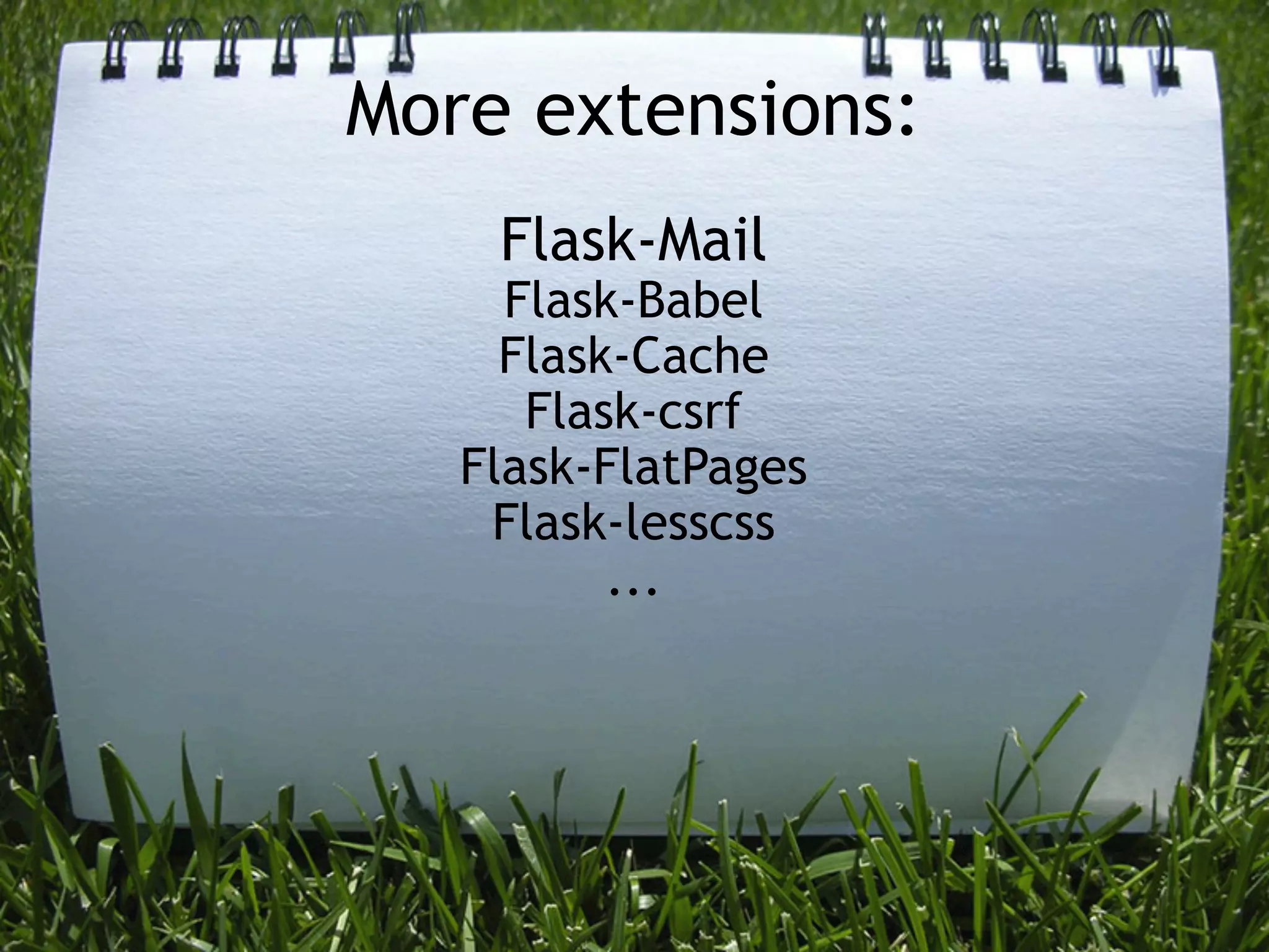 More extensions:
    Flask-Mail
     Flask-Babel
     Flask-Cache
      Flask-csrf
   Flask-FlatPages
    Flask-lesscss
          ...
 