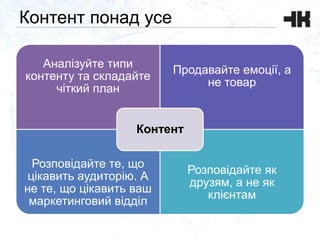 Контент понад усе
Аналізуйте типи
контенту та складайте
чіткий план
Продавайте емоції, а
не товар
Розповідайте те, що
цікавить аудиторію. А
не те, що цікавить ваш
маркетинговий відділ
Розповідайте як
друзям, а не як
клієнтам
Контент
 
