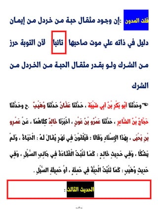 ~
5
~
‫المدون‬ ‫قلت‬
:
‫إيمدان‬ ‫مدن‬ ‫خدردل‬ ‫مدن‬ ‫حبدة‬ ‫مثقدال‬ ‫وجدود‬ ‫إن‬
‫صاحبها‬ ‫موت‬ ‫علي‬ ‫واته‬ ‫في‬ ‫دلي‬
‫تائبا‬
‫حرز‬ ‫التوبة‬ ‫ألن‬
‫دن‬‫د‬‫م‬ ‫دردل‬‫د‬‫الخ‬ ‫دن‬‫د‬‫م‬ ‫دة‬‫د‬‫الحب‬ ‫دال‬‫د‬‫مثق‬ ‫ددر‬‫د‬‫بق‬ ‫دو‬‫د‬‫ول‬ َ‫در‬‫د‬‫الش‬ ‫دن‬‫د‬‫م‬
َ‫الشر‬

‫َا‬‫ا‬َ‫ن‬َ‫َد‬‫ح‬‫و‬
َ‫ة‬َ‫ب‬ْ‫ي‬َ‫ش‬ ‫ِي‬‫ب‬َ‫أ‬ ُ‫ن‬ْ‫ب‬ ِ‫ر‬ْ‫ك‬َ‫ب‬ ‫ُو‬‫ب‬َ‫أ‬
‫َا‬‫ا‬َ‫ن‬َ‫َدد‬‫ح‬ ،
ُ‫ن‬‫َدا‬‫َف‬‫ع‬
‫َد‬‫ح‬
‫َا‬‫ا‬َ‫ن‬َ‫د‬
ٌ‫ب‬‫ْد‬‫ي‬َ‫ه‬ُ‫و‬
.
‫َا‬‫ا‬َ‫ن‬َ‫َدد‬‫ح‬‫و‬ ‫ح‬
ِ‫ر‬ِ‫ع‬‫َا‬‫الش‬ ُ‫ن‬ْ‫ب‬ ُ ‫َا‬‫َج‬‫ح‬
‫َا‬‫ا‬َ‫ن‬َ‫َد‬‫ح‬ ،
ٍ‫ن‬ْ‫و‬َ‫ع‬ ُ‫ن‬ْ‫ب‬ ‫ُو‬‫ر‬ْ‫م‬َ‫ع‬
‫َا‬‫ن‬َ‫ر‬َ‫ب‬ْ‫خ‬َ‫أ‬ ،
ٌ‫د‬ِ‫ل‬‫َا‬‫خ‬
ِ‫ن‬
ْ‫ن‬‫َد‬‫ع‬ ، ‫َا‬‫م‬ُ‫ه‬‫َا‬‫ل‬
‫ِو‬‫ر‬‫ْد‬‫م‬َ‫ع‬
‫َى‬‫ي‬ْ‫ح‬َ‫ي‬ ِ‫ن‬ْ‫ب‬
‫َا‬‫ل‬‫َا‬‫ق‬َ‫و‬ ِ‫د‬‫َا‬‫ا‬ْ‫س‬ِ‫إل‬‫ا‬ ‫َا‬‫ذ‬َ‫ه‬ِ‫ب‬ ،
:
ُ‫ه‬‫َد‬‫ل‬ َ‫ل‬‫َدا‬‫ق‬ُ‫ي‬ ٍ‫ر‬‫َد‬‫ه‬َ‫ن‬ ‫ِدي‬‫ف‬ َ‫ن‬ْ‫و‬َ‫ق‬ْ‫ل‬ُ‫ي‬َ‫ف‬
:
ْ‫م‬‫َد‬‫ل‬َ‫و‬ ، ُ‫ة‬‫َدا‬‫ي‬َ‫ح‬ْ‫ل‬‫ا‬
‫َا‬‫خ‬ ِ‫ث‬‫ِي‬‫د‬‫َد‬‫ح‬ ‫ِدي‬‫ف‬َ‫و‬ ، ‫َا‬‫ُك‬‫ش‬َ‫ي‬
ٍ‫د‬‫ِد‬‫ل‬
:
‫ِدي‬‫ف‬َ‫و‬ ، ِ ْ‫ي‬َ‫السد‬ ِ‫ب‬‫ِد‬‫ن‬‫َا‬‫ج‬ ‫ِدي‬‫ف‬ ُ‫ة‬َ‫ء‬‫َدا‬‫ث‬ُ‫غ‬ْ‫ل‬‫ا‬ ُ‫ت‬‫ُد‬‫ب‬ْ‫ا‬َ‫ت‬ ‫َدا‬‫م‬َ‫ن‬
ٍ‫ب‬ْ‫ي‬َ‫ه‬ُ‫و‬ ِ‫ث‬‫ِي‬‫د‬َ‫ح‬
:
ِ ْ‫ي‬َ‫الس‬ ِ‫ة‬َ‫ل‬‫ِي‬‫م‬َ‫ح‬ ْ‫و‬َ‫أ‬ ، ٍ‫ة‬َ‫ئ‬ِ‫م‬َ‫ح‬ ‫ِي‬‫ف‬ ُ‫ة‬َ‫ِب‬‫ح‬ْ‫ل‬‫ا‬ ُ‫ت‬ُ‫ب‬ْ‫ا‬َ‫ت‬ ‫َا‬‫م‬َ‫ن‬
.
‫الثالث‬ ‫الحديث‬
:
 