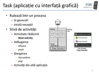 Task (aplicație cu interfață grafică)
 • Rulează într-un process
    – în general!
    – există excepții
 • Stivă de activități
    – Activitate rădăcină
        • Root activity
    – Adăugarea
        • Afișare
        • push
    – Ștergerea
        • Ascundere
        • pop
    – Activiăți din altă aplicație
                                        22
 