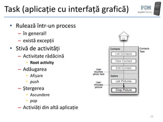 Task (aplicație cu interfață grafică)
 • Rulează într-un process
    – în general!
    – există excepții
 • Stivă de activități
    – Activitate rădăcină
        • Root activity
    – Adăugarea
        • Afișare
        • push
    – Ștergerea
        • Ascundere
        • pop
    – Activiăți din altă aplicație
                                        23
 