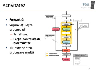 Activitatea

 • Fereastră
 • Supraviețuiește
   procesului
    – Serializarea
    – Parțial controlată de
      programator
 • Nu este pentru
   procesare multă



                              26
 