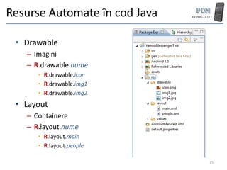 Resurse Automate în cod Java

 • Drawable
   – Imagini
   – R.drawable.nume
      • R.drawable.icon
      • R.drawable.img1
      • R.drawable.img2
 • Layout
   – Containere
   – R.layout.nume
      • R.layout.main
      • R.layout.people

                               35
 