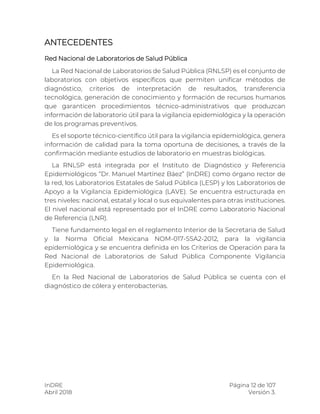 InDRE Página 12 de 107
Abril 2018 Versión 3.
ANTECEDENTES
Red Nacional de Laboratorios de Salud Pública
La Red Nacional de Laboratorios de Salud Pública (RNLSP) es el conjunto de
laboratorios con objetivos específicos que permiten unificar métodos de
diagnóstico, criterios de interpretación de resultados, transferencia
tecnológica, generación de conocimiento y formación de recursos humanos
que garanticen procedimientos técnico-administrativos que produzcan
información de laboratorio útil para la vigilancia epidemiológica y la operación
de los programas preventivos.
Es el soporte técnico-científico útil para la vigilancia epidemiológica, genera
información de calidad para la toma oportuna de decisiones, a través de la
confirmación mediante estudios de laboratorio en muestras biológicas.
La RNLSP está integrada por el Instituto de Diagnóstico y Referencia
Epidemiológicos “Dr. Manuel Martínez Báez” (InDRE) como órgano rector de
la red, los Laboratorios Estatales de Salud Pública (LESP) y los Laboratorios de
Apoyo a la Vigilancia Epidemiológica (LAVE). Se encuentra estructurada en
tres niveles: nacional, estatal y local o sus equivalentes para otras instituciones.
El nivel nacional está representado por el InDRE como Laboratorio Nacional
de Referencia (LNR).
Tiene fundamento legal en el reglamento Interior de la Secretaria de Salud
y la Norma Oficial Mexicana NOM-017-SSA2-2012, para la vigilancia
epidemiológica y se encuentra definida en los Criterios de Operación para la
Red Nacional de Laboratorios de Salud Pública Componente Vigilancia
Epidemiológica.
En la Red Nacional de Laboratorios de Salud Pública se cuenta con el
diagnóstico de cólera y enterobacterias.
 